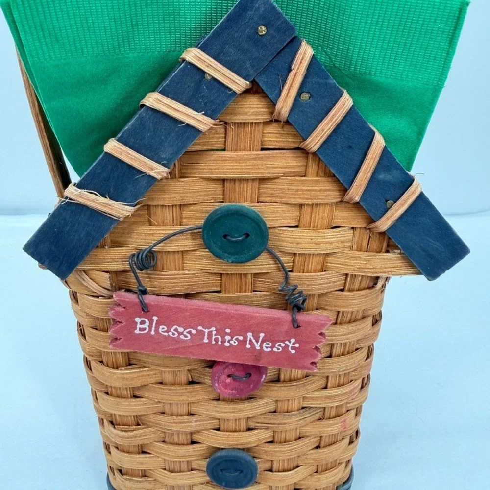 Napkin Holder Basket w/ Handle Bless This Nest Birdhouse Woven Country Decor